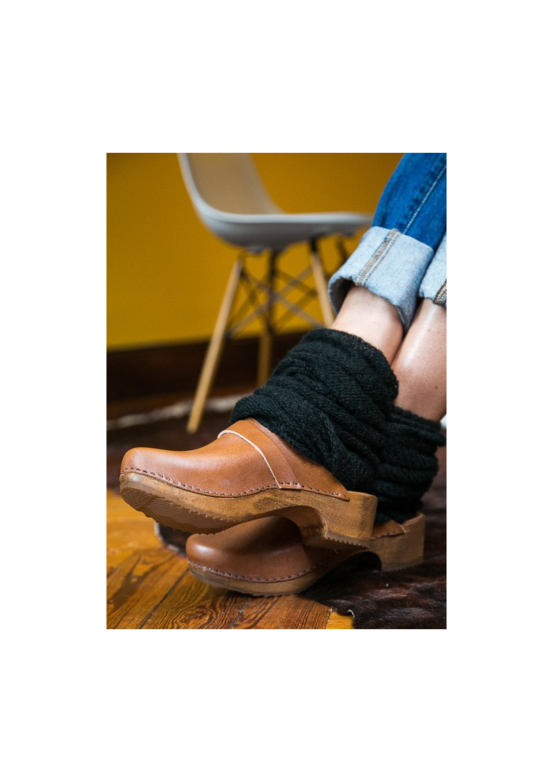 wood and leather clogs
